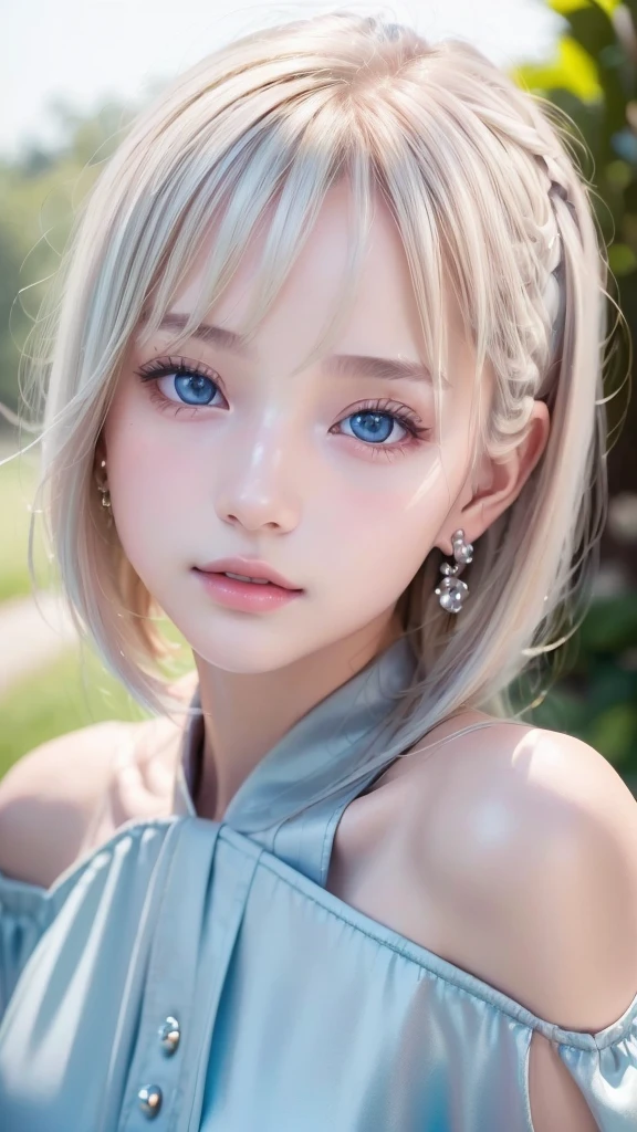 ((sfw: 1.4)), (( detailed face, cute face, detailed face, professional photography)), ((from side)), (( off-the-shoulder top)), (( Shiny platinum blonde silk hair, beautiful shiny bangs, big clear sky blue eyes, very beautiful bright eye highlights, earrings, 1 Girl)), Ultra High Resolution, (Realistic: 1.4), RAW Photo, Best Quality, (Photorealistic Stick), Focus, Soft Light, ((15 years old)), (( (young face))), (surface), (depth of field), masterpiece, (realistic), woman, bangs, ((1 girl))