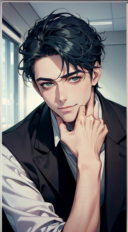 (Highest quality,4K,8K,High resolution,masterpiece:1.2),Super detailed,(Realistic,photoRealistic,photo-Realistic:1.37),1 person,34 years old,Mature Men,Beautiful skin、very handsome,Expressionless smile in love,Short blue hair,green eyes,Sharp Eyes,A perfect face without a doubt,Businessman, CEO, Office Background,Cinema Lighting,HDR image,tie、