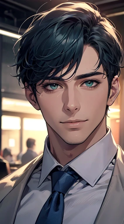 (Highest quality,4K,8K,High resolution,masterpiece:1.2),Super detailed,(Realistic,photoRealistic,photo-Realistic:1.37),1 person,34 years old,Mature Men,Beautiful skin、very handsome,Expressionless smile in love,Short blue hair,green eyes,Sharp Eyes,A perfect face without a doubt,Businessman, CEO, Office Background,Cinema Lighting,HDR image,tie、