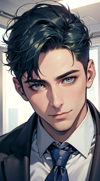 (Highest quality,4K,8K,High resolution,masterpiece:1.2),Super detailed,(Realistic,photoRealistic,photo-Realistic:1.37),1 person,34 years old, Men,Beautiful skin、very handsome,Expressionless smile in love,Short blue hair,green eyes,Sharp Eyes,A perfect face without a doubt,Businessman, CEO, Office Background,Cinema Lighting,HDR image,tie、