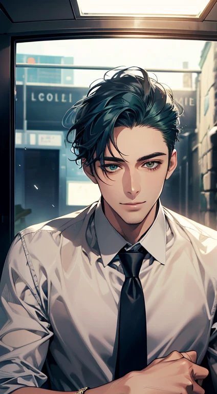 (Highest quality,4K,8K,High resolution,masterpiece:1.2),Super detailed,(Realistic,photoRealistic,photo-Realistic:1.37),1 person,34 years old,Mature Men,Beautiful skin、very handsome,Expressionless smile in love,Short blue hair,green eyes,Sharp Eyes,A perfect face without a doubt,Businessman, CEO, Office Background,Cinema Lighting,HDR image,tie、