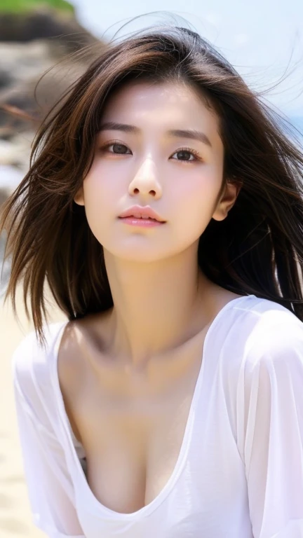 Highest quality、Japanese women、The most beautiful woman in the world、sexy、Brown Hair、Long Hair Style、Small face、Beautiful skin、Ocean、beach、Large breasts、White and black shirt、Crying face