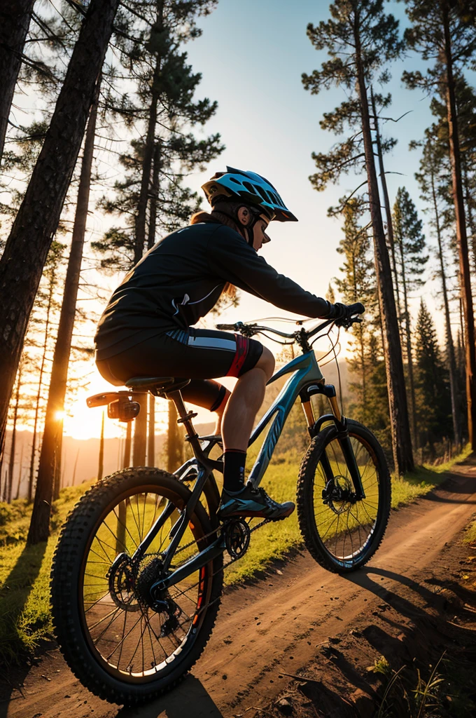 downhill bike, with sunset in forest background