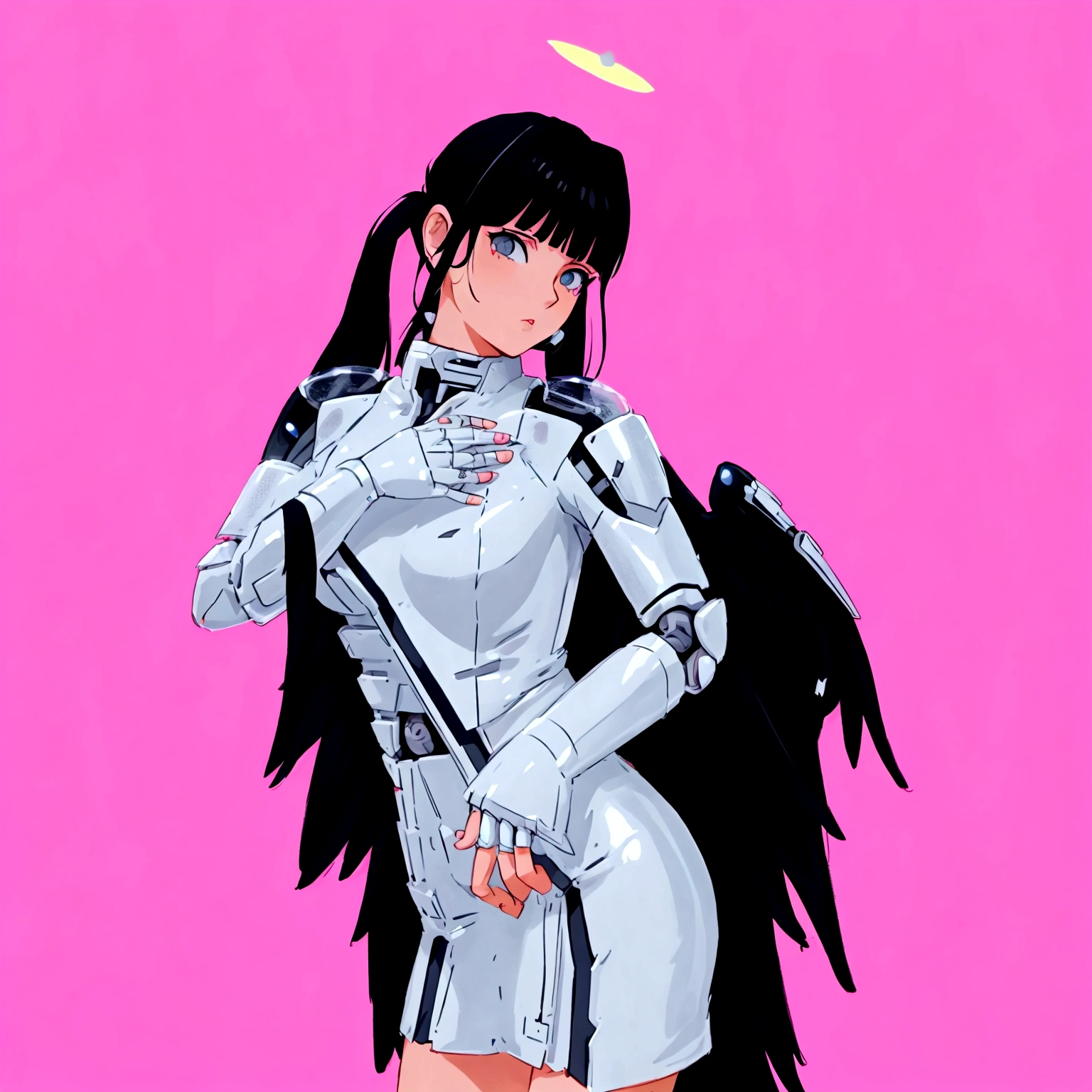 anime girl in silver dress with angel wings and halo, beautiful cyborg angel girl, tron angel, full - body majestic angel, jet black haired cyberpunk girl, angel knight girl, villainess has black angel wings, angel in plastic armor, tall female angel, futuristic robot angel, e - girl, e-girl, angel knight gothic girl