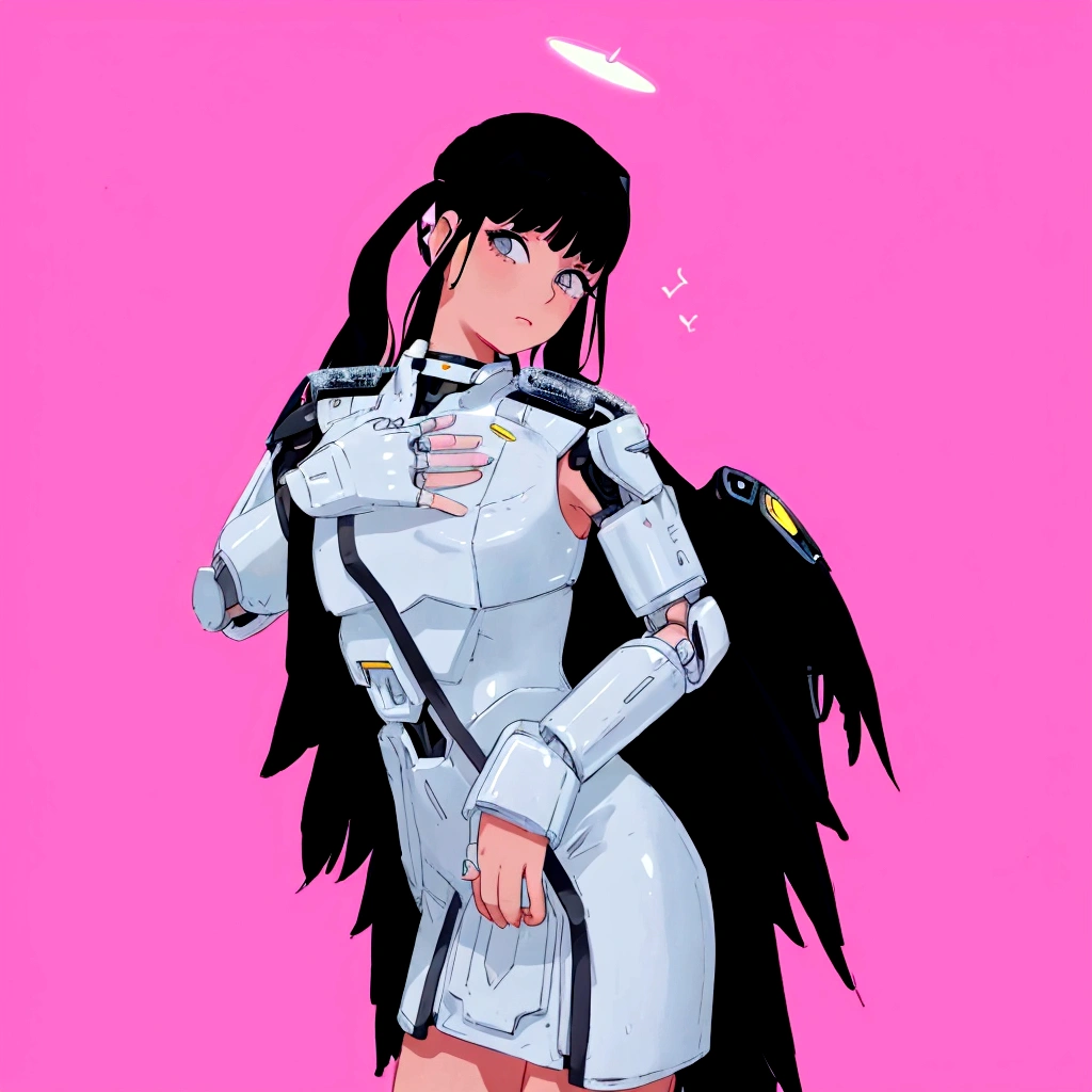 anime girl in silver dress with angel wings and halo, beautiful cyborg angel girl, tron angel, full - body majestic angel, jet black haired cyberpunk girl, angel knight girl, villainess has black angel wings, angel in plastic armor, tall female angel, futuristic robot angel, e - girl, e-girl, angel knight gothic girl