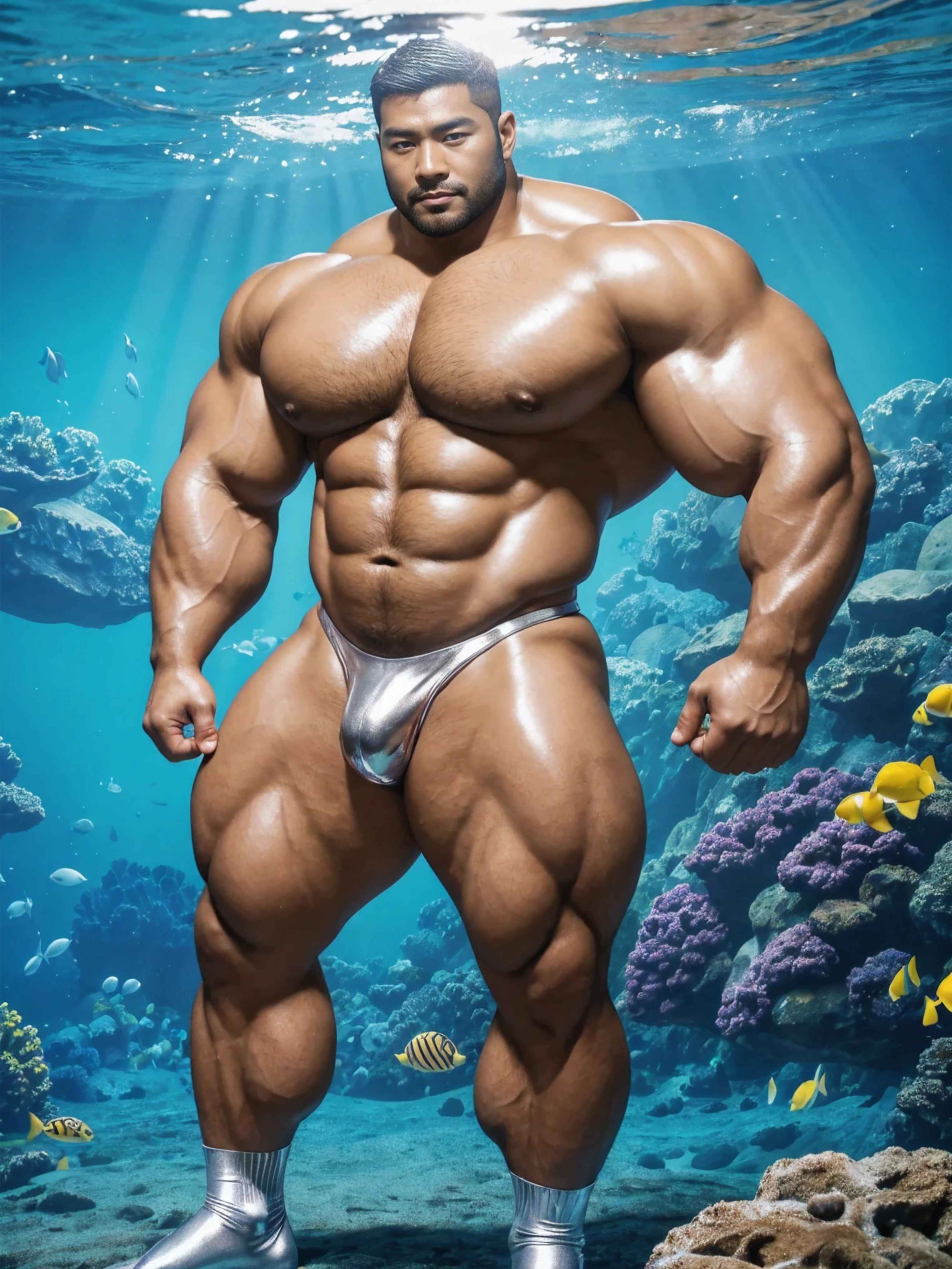There is only one handsome Asian actor in the photo，35 years old，High target, Fitness，short hair, O-Shaped Beard，Perfect body, Dark skin color，Radiant Skin，Smooth skin，Shiny, shiny skin，Smooth pectoral muscles，No chest hair，No body hair，Muscle bulge, muscular, Very large pectoral muscles，Very sexy abdominal muscles，Very well-developed leg muscles，Huge concave and convex area，Brightens oily skin，Wearing a shiny silver leather thong，Handsome face，Wearing silver-gold leather socks，Correct and accurate male body proportions, standing under the sea。
