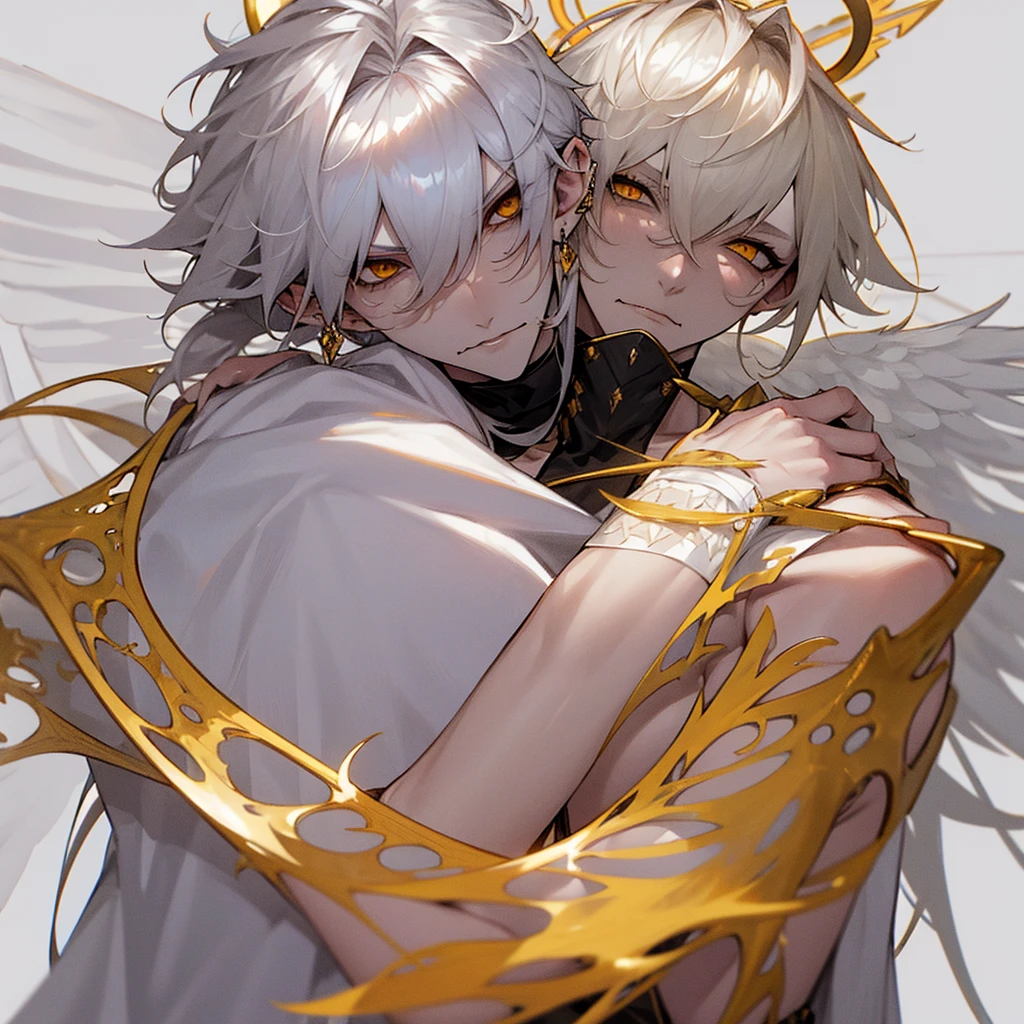 Pale skin, black long hair, male, aggressive, stern, furrowed eyebrows, frowning, looking down at camera, ponytail, spiked hair, yellow eyes, halo, two halos, halos covered in eyes, angel, angel wings, angel wings covered in eyes, eyes floating, white robes, exposed chest, shirtless, golden robes, pretty, beautiful, angelic