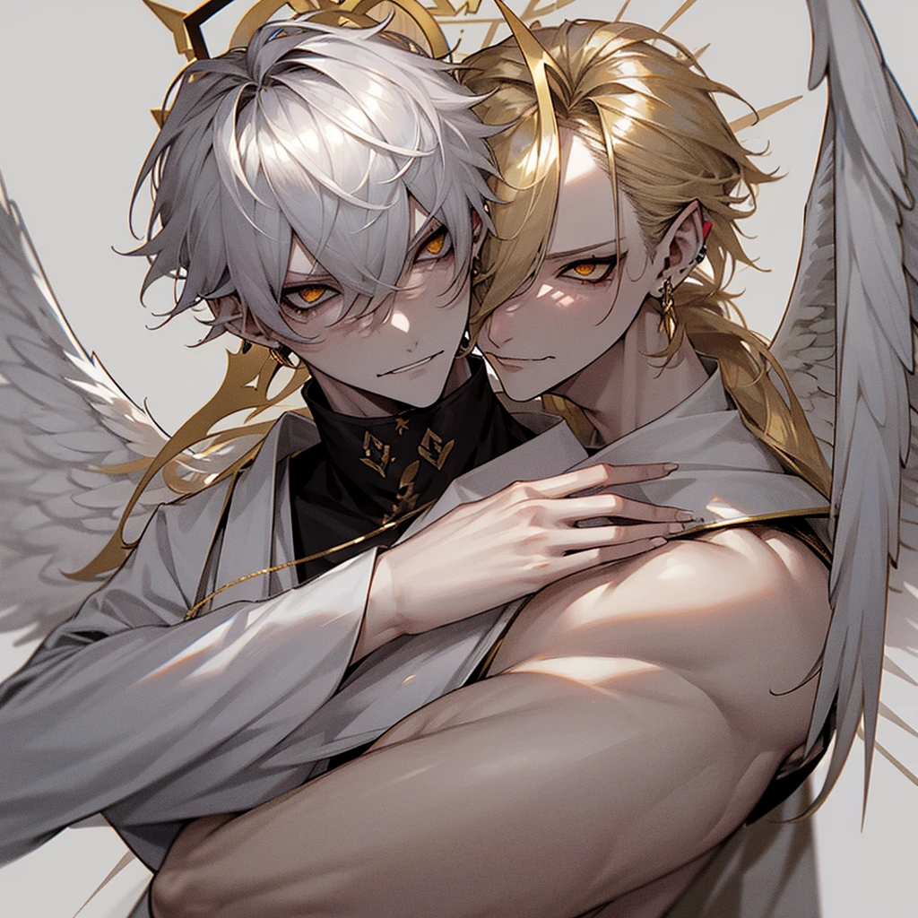 Pale skin, black long hair, male, aggressive, stern, furrowed eyebrows, frowning, looking down at camera, ponytail, spiked hair, yellow eyes, halo, two halos, halos covered in eyes, angel, angel wings, angel wings covered in eyes, eyes floating, white robes, exposed chest, shirtless, golden robes, pretty, beautiful, angelic