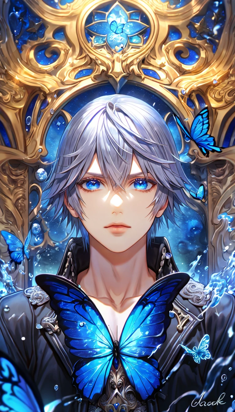 absurdres, highres, ultra detailed, HDR, master piece, best quality, extremely detailed, Riku, gray hair, expressive blue eyes, Kingdom Hearts, solo, sexy man, handsome, black jacket, fantasy, water, sparkling, blue glittering fireflies, blue moon, blue flowers, blue butterflies, starry sky