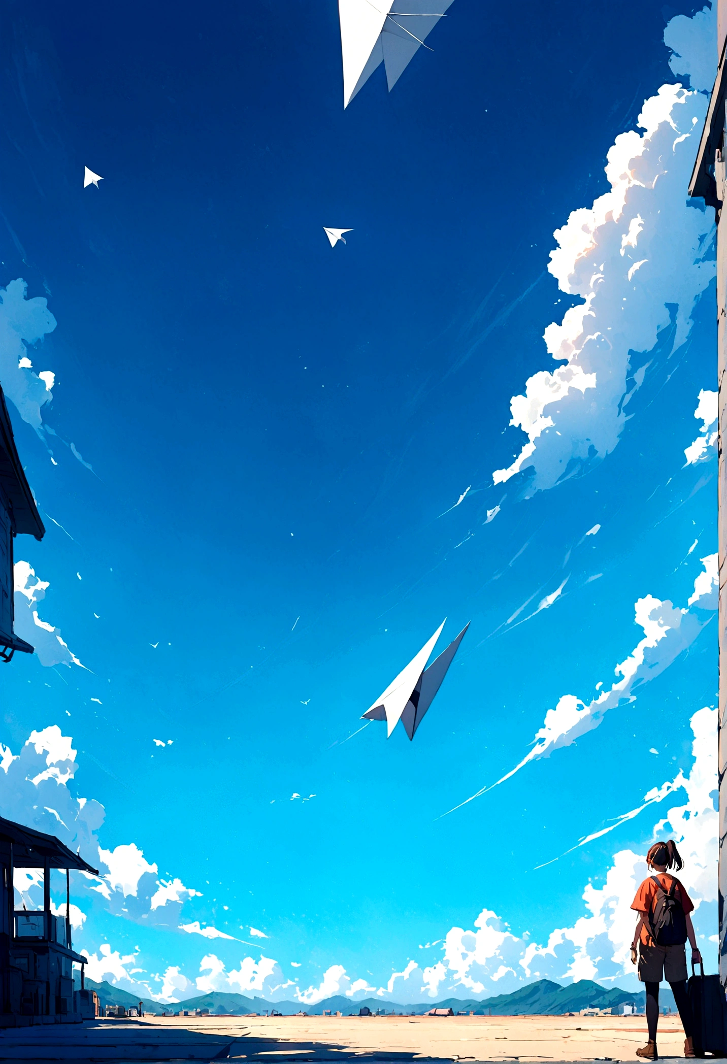 A paper plane flies through the blue sky