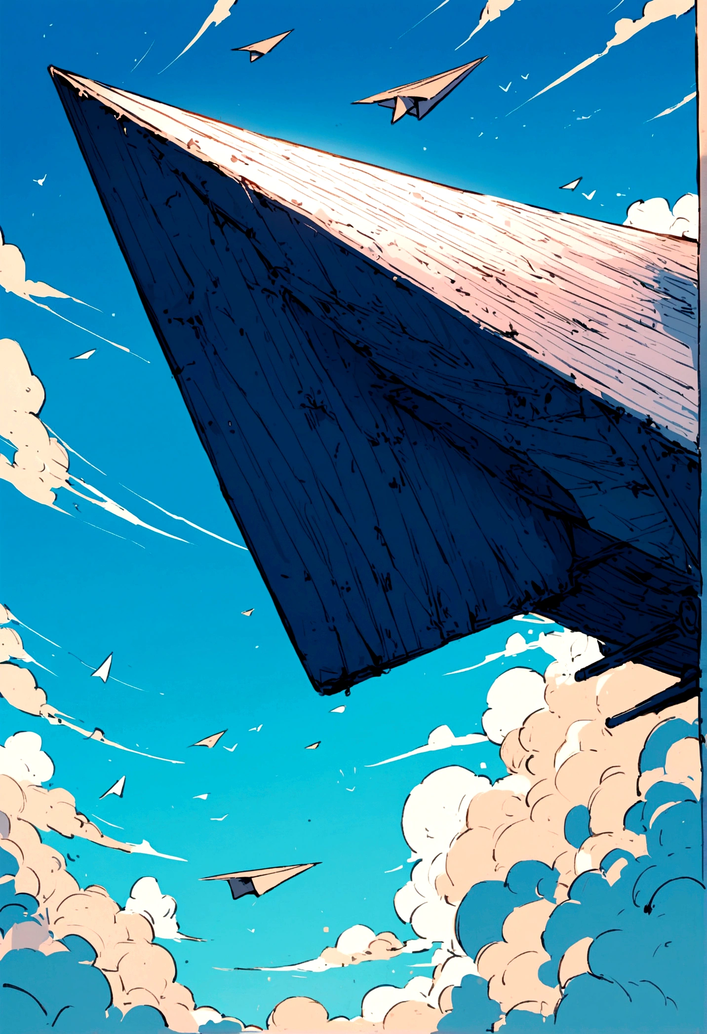 A paper plane flies through the blue sky