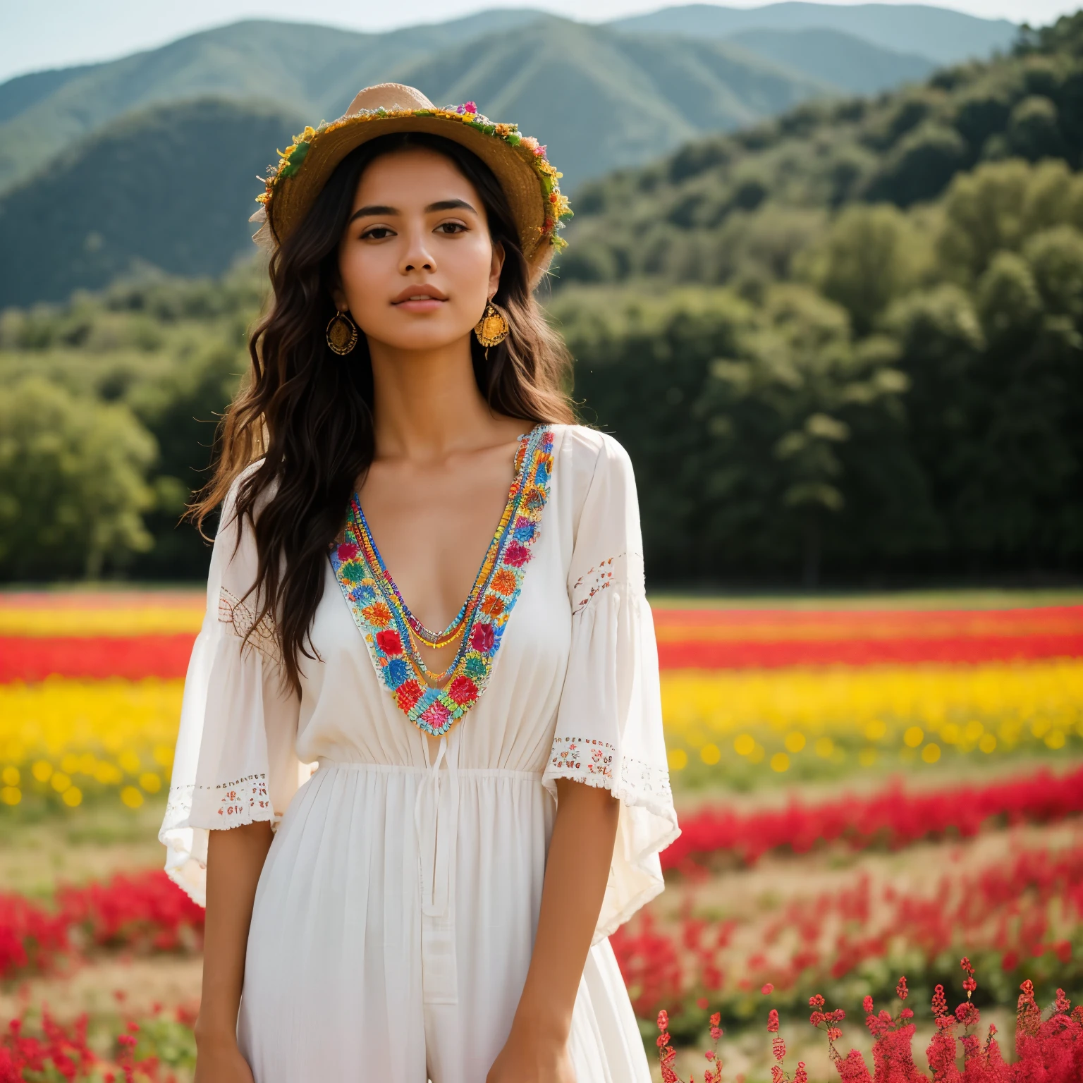 ((best quality)), ((masterpiece)), (detailed), (perfect hands), (five fingers) a young latin woman with wavy dark hair, flawed skin and a slender body type, in boho outfit, standing in a colorful flower field , shot with Sony Alpha A6500 1.4f, bokeh, highly detailed,

