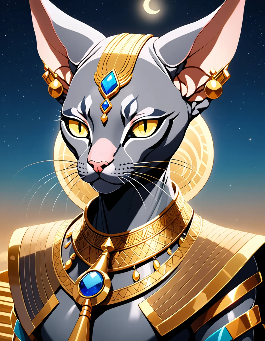 fluffydskstyle, One, 1 boy, animal ears, no people, Canadian Sphynx, jewelry, closed mouth, yellow eyes, upper body, male focus, sky, colored leather, moon, slit pupils, fluffy, fluffy male, gray skin, egyptian clothing, кинематографический angle, Cinematic lighting, angle, depth of field, detailed background, masterpiece, Best quality , official art , East, the bard, plays instruments, ring in the ear