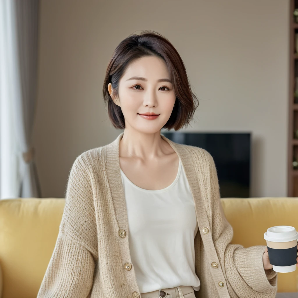 8k best picture quality, Beautiful 36-year-old Korean woman, short medium hair. Chest size 34 inches, Wearing a cardigan and beige jeans. luxury mansion living room, Sitting on the sofa, holding a ceramic coffee cup with both hands, full body shot