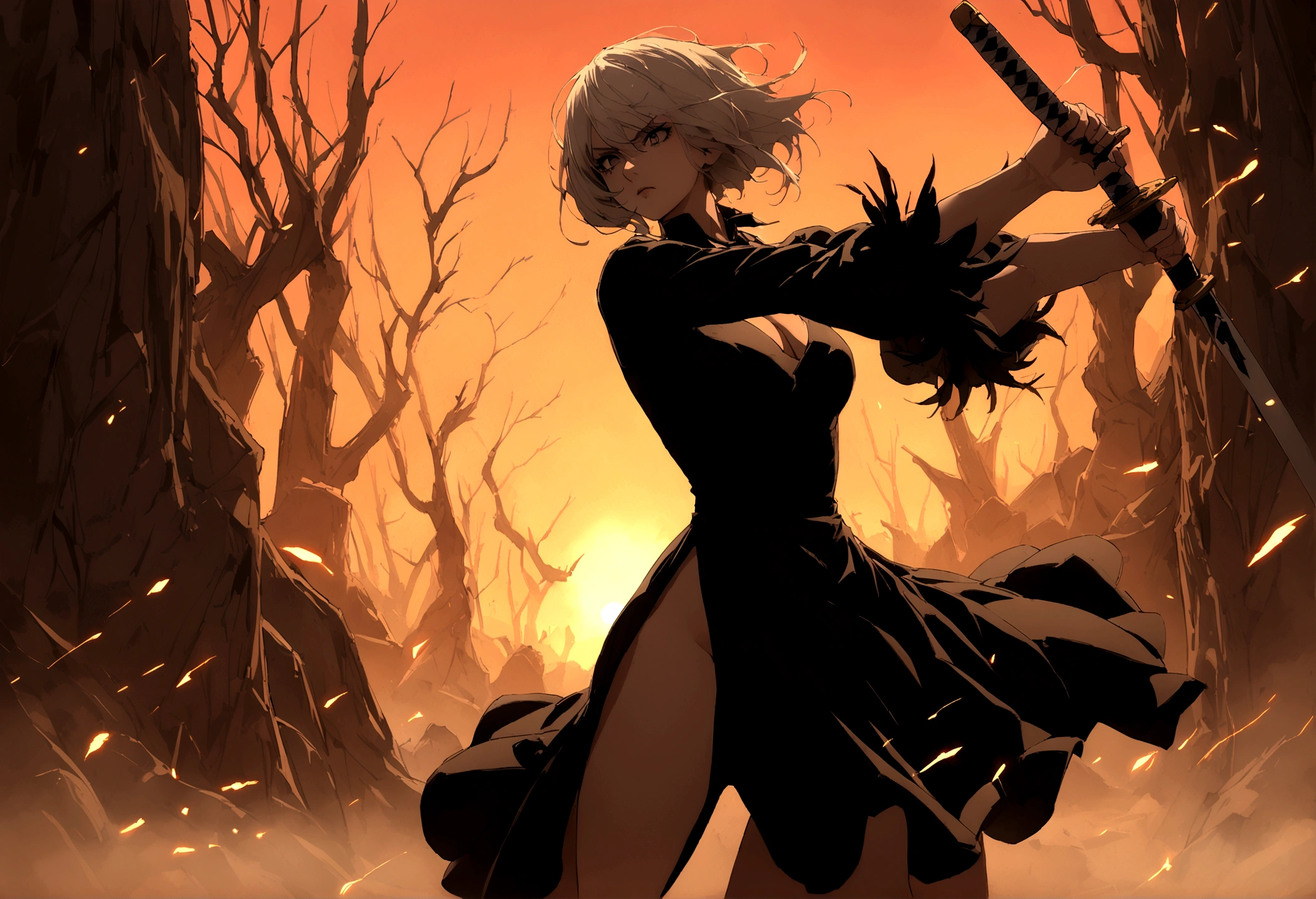 2b,(work of art), ultra detaild, fully body, soft hair, black gown, neckleace, Action, battle pose, standing with legs open, katana, wall-paper, destroyed forest background, SUNSET, smoke in the sky, sparks, serious facial expression, ideal female body, adult, opaque color palette, 真实感, ( realistic styling), perfect hands and arms