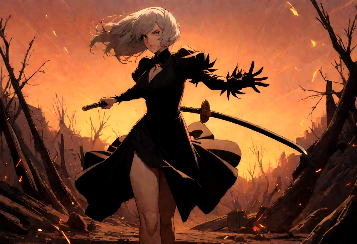 2b,(work of art), ultra detaild, fully body, soft hair, black gown, neckleace, Action, battle pose, standing with legs open, katana, wall-paper, destroyed forest background, SUNSET, smoke in the sky, sparks, serious facial expression, ideal female body, adult, opaque color palette, 真实感, ( realistic styling), perfect hands and arms