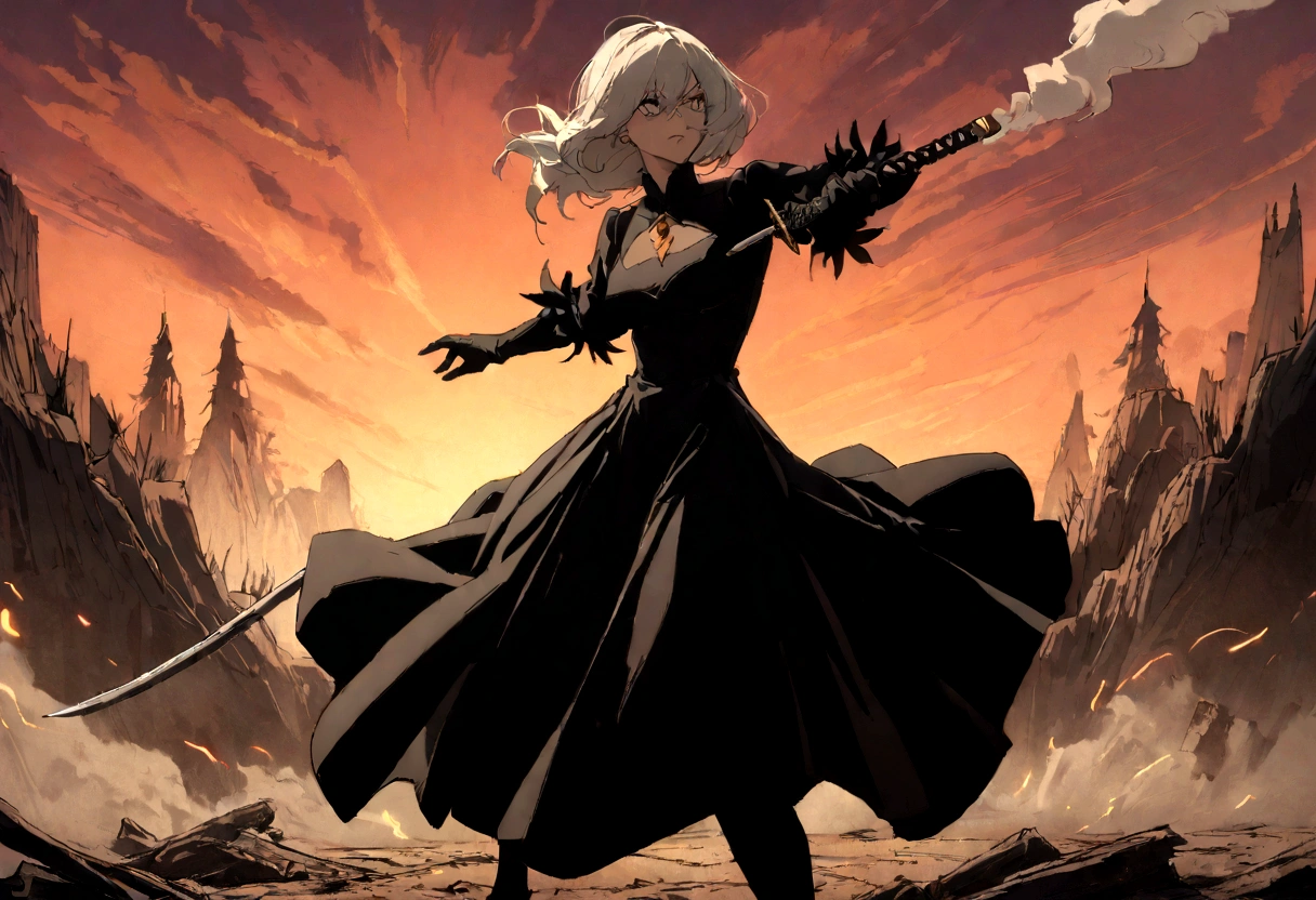 2b,(work of art), ultra detaild, fully body, soft hair, black gown, neckleace, Action, battle pose, standing with legs open, katana, wall-paper, destroyed forest background, SUNSET, smoke in the sky, sparks, serious facial expression, ideal female body, adult, opaque color palette, 真实感, ( realistic styling), perfect hands and arms