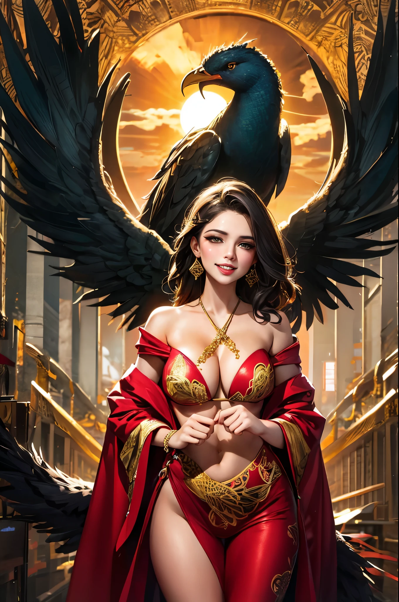 official art, unified 8k wallpaper, Super detailed, fair Beauty, fair, masterpiece, best quality, (Zentangle, mandala, Tangled, twist), (ecstasy flower: 1.2) Dynamic angle, goldrn bikini hot wet, happy smiles, The Most fair Chaotic Forms, grace, brutalist design, bright colors, atmosphere, Golden sunset, sun god, feather, fire