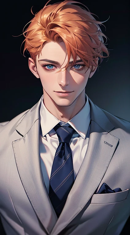 (Highest quality,4K,8K,High resolution,masterpiece:1.2),Super detailed,(Realistic,photoRealistic,photo-Realistic:1.37),1 person,31 years old,Mature Men,Beautiful skin、very handsome,Expressionless,smile,Short gray orange hair,blue eyes,Sharp Eyes,A perfect face without a doubt,Businessman,Office Background,Cinema Lighting,HDR image,tie、