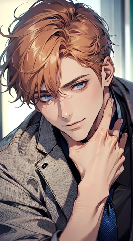 (Highest quality,4K,8K,High resolution,masterpiece:1.2),Super detailed,(Realistic,photoRealistic,photo-Realistic:1.37),1 person,31 years old,Mature Men,Beautiful skin、very handsome,Expressionless,smile,Short gray orange hair,blue eyes,Sharp Eyes,A perfect face without a doubt,Businessman,Office Background,Cinema Lighting,HDR image,tie、