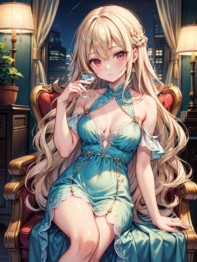 (((best quality))), ((ultra-detailed)), (illustration), ((an extremely delicate and beautiful)), (HDR), (Best quality), (Ultra detailed eyes), beautiful fingers, beautiful hands, fingertip, foot out of frame, looking at viewer, shoulder length hair, wavy hair, swept bangs, pale lime hair, red eyes, shiny eyes, drunk, single earring, blue long dress,black T-back, drinking glass,sitting on chair,Leaning Back,in the fine dining, night, detail_face