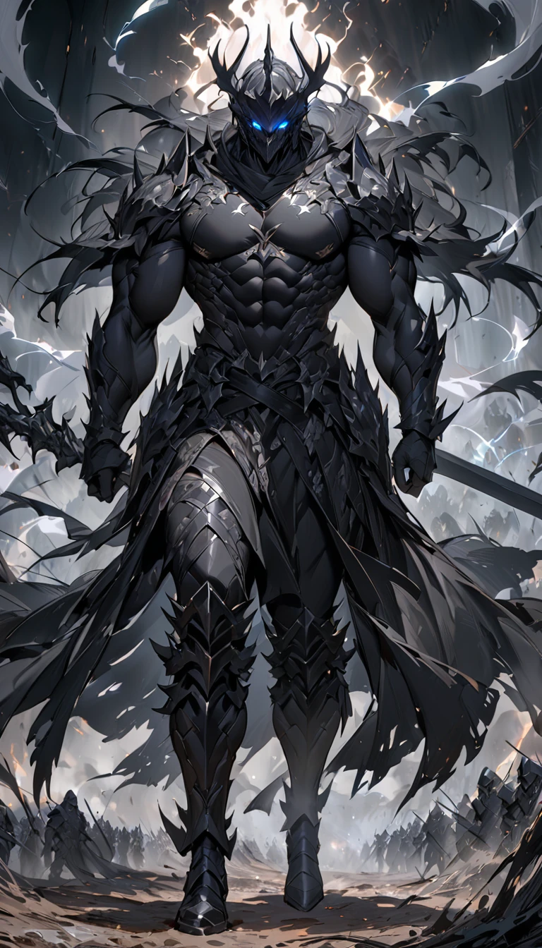 male black shadow ghost knight walking away from a battlefield, shadow, black, knight, ghost knight, full body view, Facing the front, shadow knight,ถือหอกยาวblack, หอกยาวblack ,glowing blue eyes,ชุดเกราะknightสีดํา , ผ้าคลุมขนสัตว์black(Masterpiece,best quality,special, (Broad shoulders)) (muscle), black smoke, dark, Masterpiece, Masterpiece lighting
