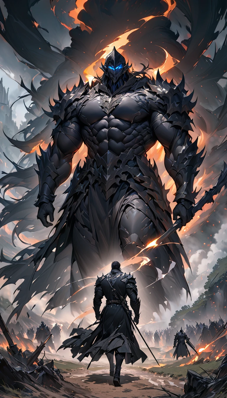 male black shadow ghost knight walking away from a battlefield, shadow, black, knight, ghost knight, full body view, Facing the front, shadow knight,ถือหอกยาวblack, หอกยาวblack ,glowing blue eyes,ชุดเกราะknightสีดํา , ผ้าคลุมขนสัตว์black(Masterpiece,best quality,special, (Broad shoulders)) (muscle), black smoke, dark, Masterpiece, Masterpiece lighting