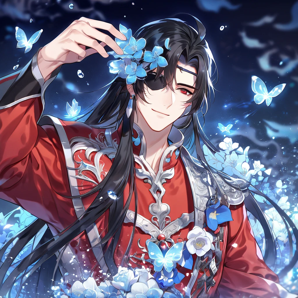 absurdres, highres, ultra detailed, HDR, master piece, Hua Cheng, black long hair, expressive red eye, black eye patch on his let eye, Heaven Official's Blessing, sexy man, handsome, best quality, blue moon, flowers, fantasy, magical, solo, water, blue shining fireflies, blue petals, red clothes, handsome smile, silver small butterflies, silver dust