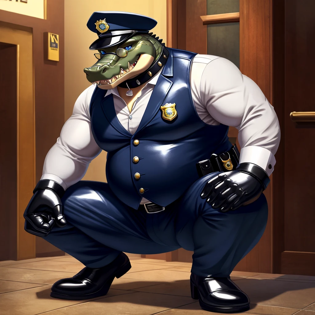 Solo, Male, fat, squatting, extremely obese, gentleman, dapper Crocodile, blue eyes, (soft shading), 4k, hi res, ((detailed face, detailed)), looking at viewer, evil grin, police station, collared shirt with buttons, hat, male focus, Police Uniform, glasses, monocle, vest with buttons, sleeves rolled up, round eyewear, headwear, vest, Crocodile is wearing a glossy leather dog collar around the neck, Crocodile is wearing the leather collar and shirt and vest at the same time, Crocodile is wearing glossy white rubber gloves on the hands, wearing white rubber gloves on the feet, Crocodile is wearing glossy white cuffs around the wrists with cufflinks, gloves are rubber in texture, clenching teeth, clenching fists, leather collar is glossy and shiny with a lot of detail, Crocodile is wearing gloves and cuffs and cufflinks at the same time, leather collar has a round dog-tag, leather collar is thick and detailed.
