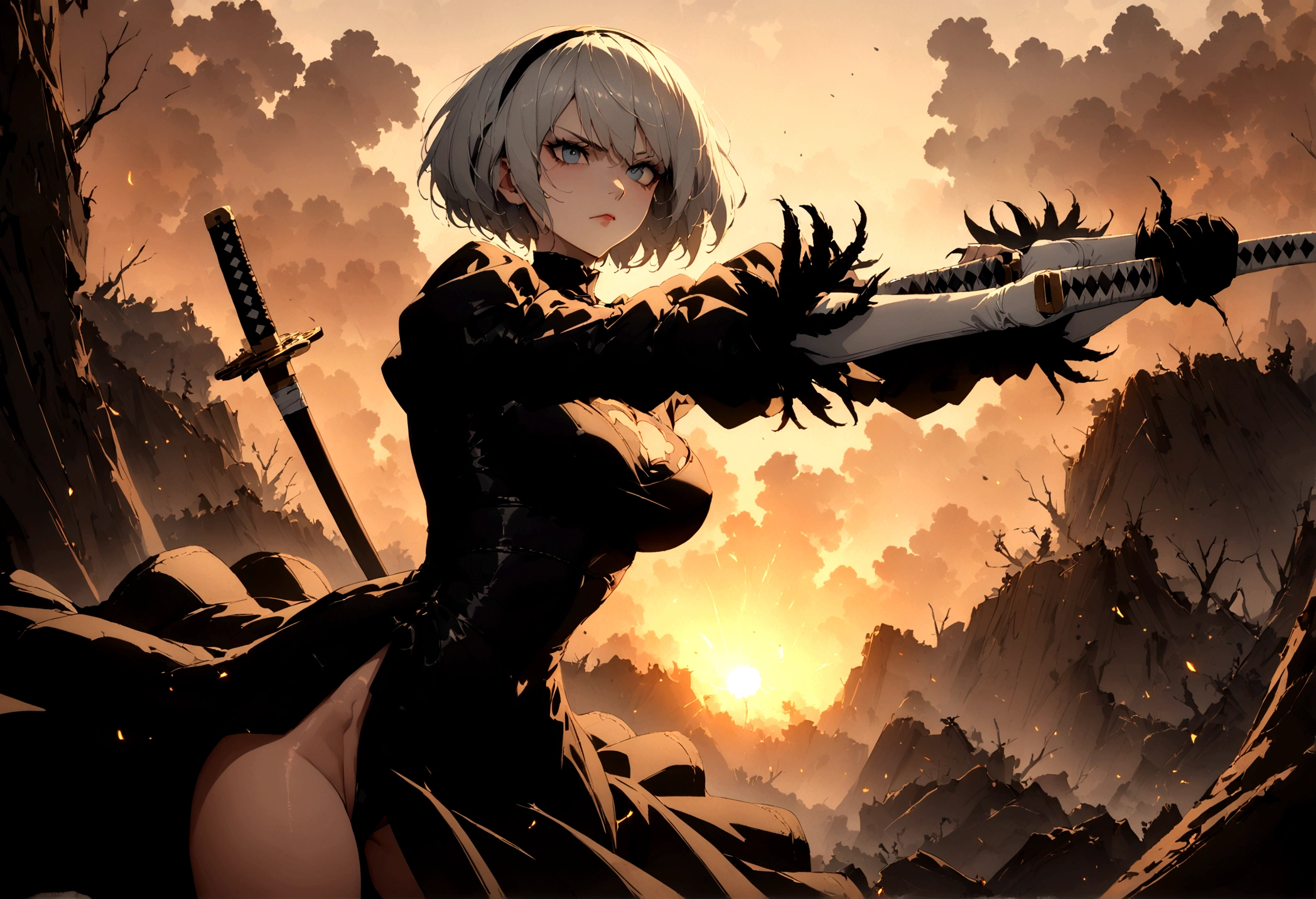 2b,(work of art), ultra detaild, fully body, soft hair, black gown, neckleace, Action, battle pose, standing with legs open, katana, wall-paper, destroyed forest background, SUNSET, smoke in the sky, sparks, serious facial expression, ideal female body, adult, opaque color palette, 真实感, ( realistic styling), perfect hands and arms