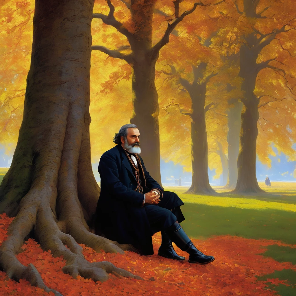 Georgian nationality, Georgian Middle-aged man in traditional outfit, with serious face, looking forward, under giant oak tree, Autumn, leaf on ground, art by Albert Bierstadt, artistic, cinematic, very detailed, bright color, superior quality, intricate detail, highly worthy, rich light, beautiful romantic atmosphere, glowing