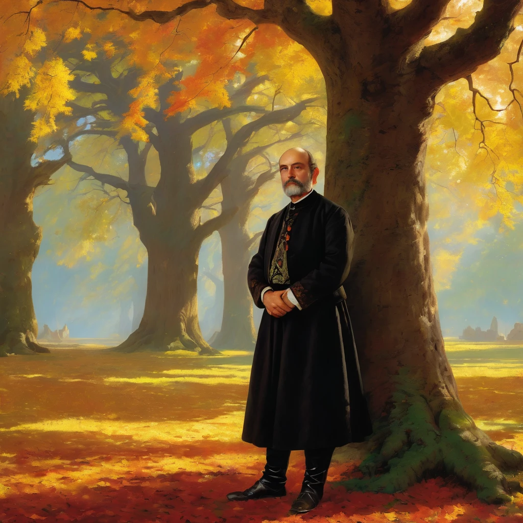 Georgian nationality, Georgian Middle-aged man in traditional outfit, with serious face, looking forward, under giant oak tree, Autumn, leaf on ground, art by Albert Bierstadt, artistic, cinematic, very detailed, bright color, superior quality, intricate detail, highly worthy, rich light, beautiful romantic atmosphere, glowing