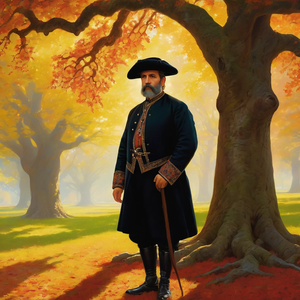 Georgian nationality, Georgian Middle-aged man in traditional outfit, with serious face, looking forward, under giant oak tree, Autumn, leaf on ground, art by Albert Bierstadt, artistic, cinematic, very detailed, bright color, superior quality, intricate detail, highly worthy, rich light, beautiful romantic atmosphere, glowing