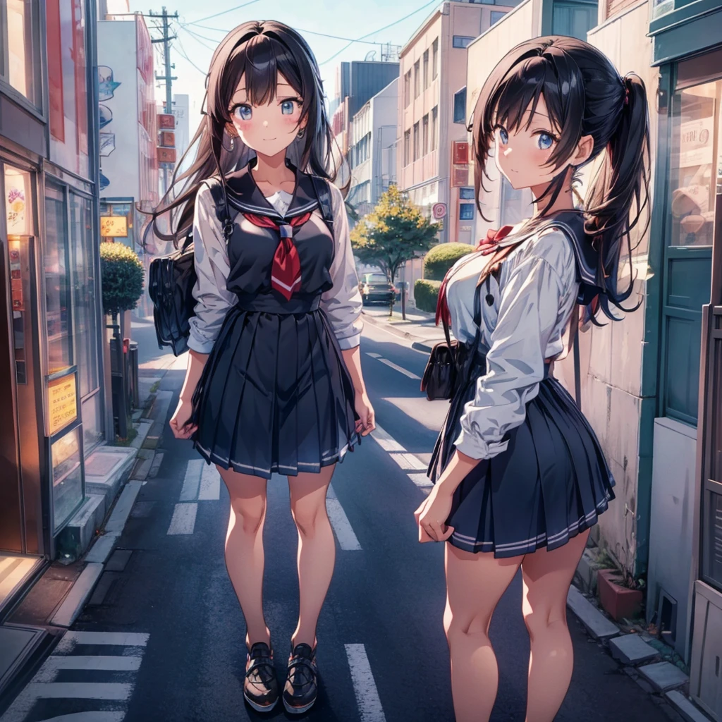 Sky background animation, A beautiful and harmonious scene, Exquisite animations, Rich details, high quality, Vivid 4K, Artistic 4k wallpapers, Amazing anime scenery((Top view)) ((giant girl)) ((giantess)) ((Tall Girl)) ((car)) ((telephone pole)) ((vending machine)) masterpiece Unreal Engine Anime Style Delicate painting 4K 90's giant Multiple Girls crowd Residential Street Japanese house Giant standing on the road school uniform Sailor suit skirt Black Hair smile female giant giant girl Whole body cars Crowd Unreal Engine,cleavage ,a drawing of a , earrings, long hair, 1980s (style) Cute picture Beauty Analog style whole body sneakers