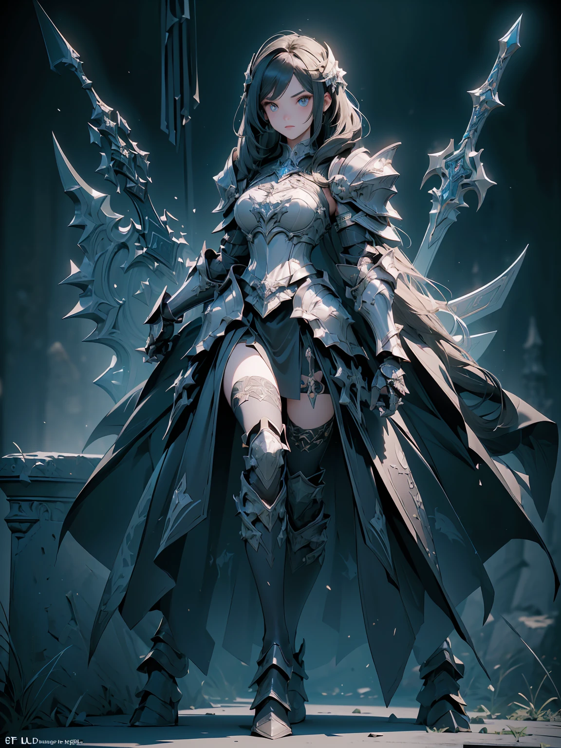 (((masterpiece, best quality, high detailed, 8k))) Design a layout showcase Gaming character, (1girl). Black+Gold armor, stylish and unique. ((showcase weapon:1.4)), dark scythe. (masterpiece:1.2), (best quality), 4k, ultra-detailed. (Step by step design, layout art:1.5), (luminous lighting, atmospheric lighting). necromancer, ((glove full hands)), (((revealing armor:1.3))), vambraces, armored legwear, (((full_body_shot:1.4))). {In a haunted graveyard}.(((3d render, zbrush)))