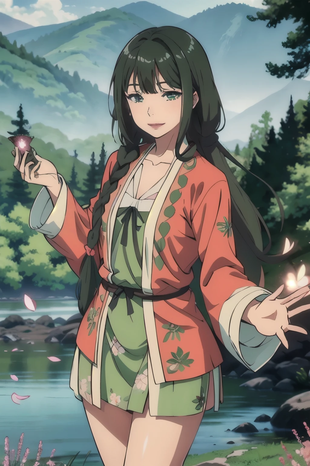 Cowboy shooting, 1 girl, Double braids, long hair,cosmetics, red lips, Brown eyes, (Hanfu),(Chinese clothes),((Floral)),((Green gorgeous printed long sleeves:1.3)),((Green printed see-through dress)), Upper Body, Dance, masterpiece, best quality, (rich and colorful),volumatic Light, Light線追蹤,Extremely detailed CG unified 8k wallpaper,Smile,((Flying petals)),(Flowering meadow), 陽Light明媚,阳Light, Light, fantasy, windy, Magic Spark, Trees, lake, Mountains, ((Flowers)),garlic,nude,