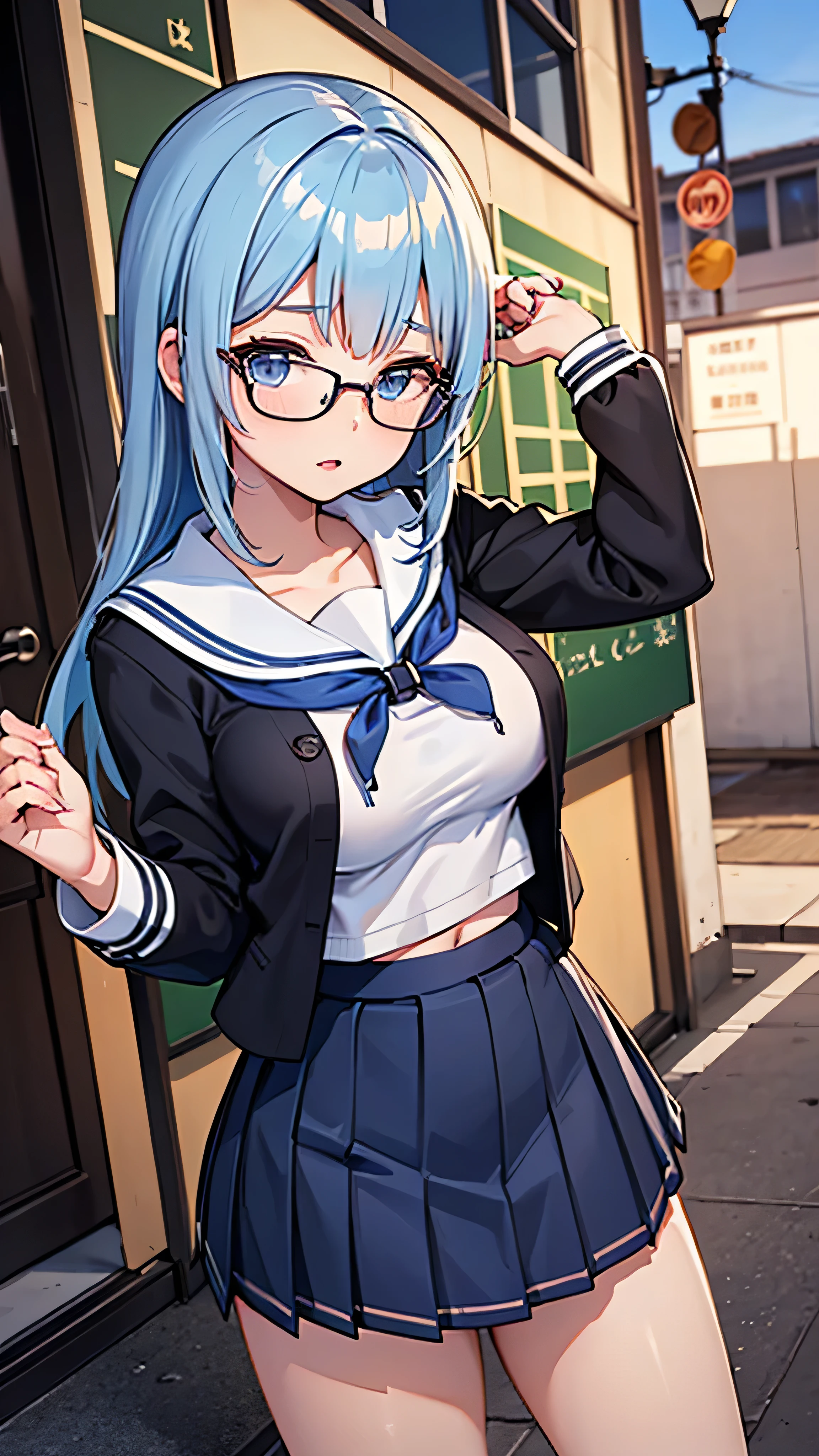 Create an anime-style illustration of a -yeld ginamed Shizuka. She has long, straight, blue hair with bangs cut straight across her forehead. She has large, almond-shaped silver-blue eyes and porcelain-like white skin. Shizuka often wears glasses.Getting ready in the morning、Super big breasts、(Highest quality:1.4), (super high quality), (Very detailedな), 1 beautiful girl, So cute, (school uniform, Pleated mini skirt:1.5), (Very large breasts:1.1), (Slender body:1.1), (thin and delicate legs), Real skin texture, (Drop your bangs to the side), Bright and shiny lips, Advent of the Beautiful Goddess, Beautiful background, Golden Ratio, Conceptual Art, Very detailed, Accurate, Advanced Details, Outdoor, Sexy Art, Bright light, Ultra-detailed illustration details, 8K wallpapers incorporating highly detailed CG, RAW Photos, Professional photos, Cinema Lighting, , (Nipple protrusions push up the uniform), Cropped tops,
Long Hair