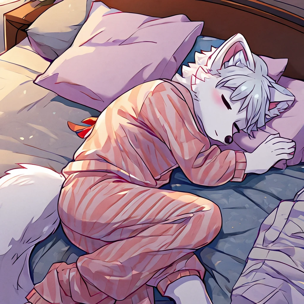 arctic fox in pajamas sleeping, 独奏, fluffly, mascle, bed-in