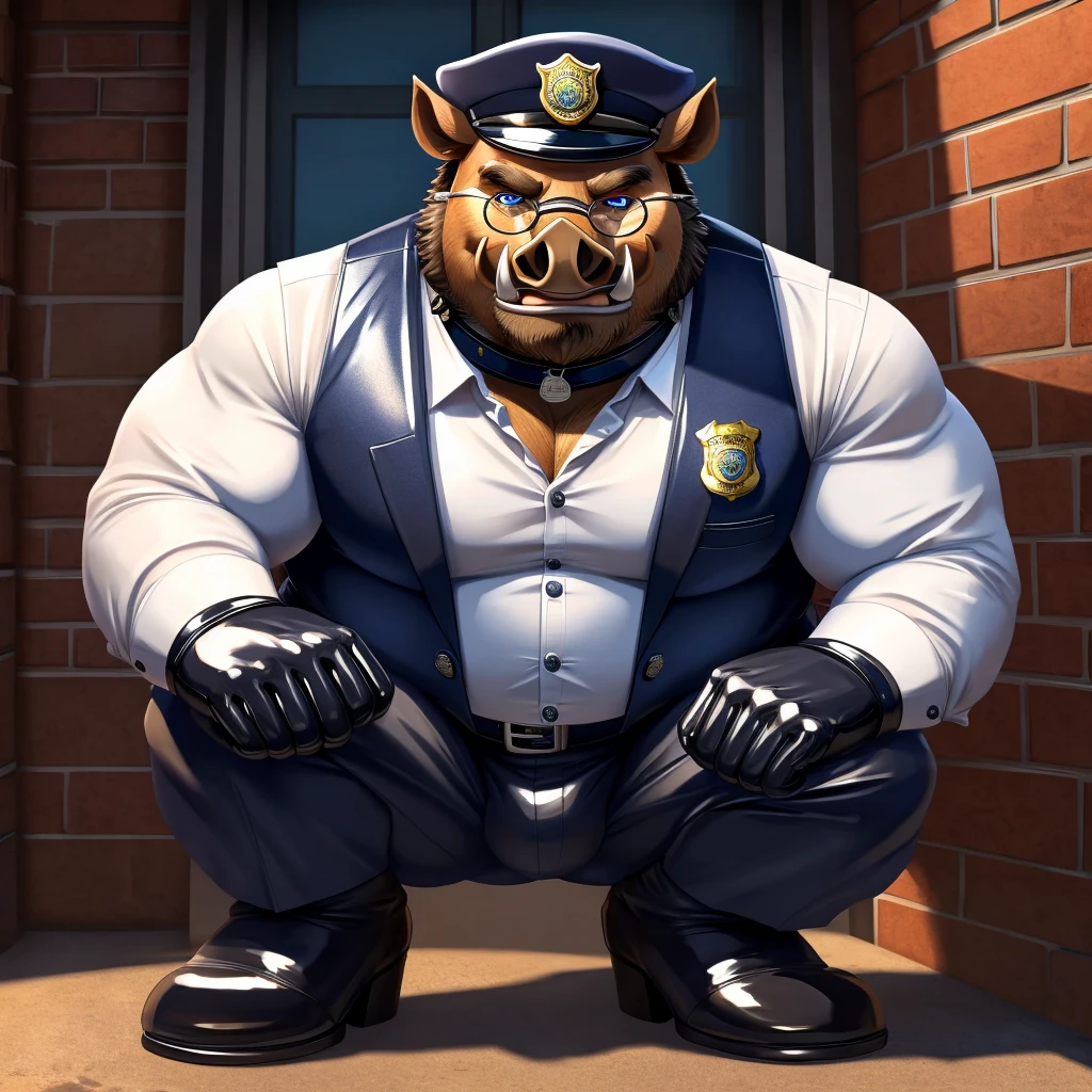 Solo, Male, fat, squatting, extremely obese, gentleman, dapper Boar, blue eyes, (soft shading), 4k, hi res, ((detailed face, detailed)), looking at viewer, evil grin, police station, collared shirt with buttons, hat, male focus, Police Uniform, glasses, monocle, vest with buttons, sleeves rolled up, round eyewear, headwear, vest, Boar is wearing a glossy leather dog collar around the neck, Boar is wearing the leather collar and shirt and vest at the same time, Boar is wearing glossy white rubber gloves on the hands, wearing white rubber gloves on the feet, Boar is wearing glossy white cuffs around the wrists with cufflinks, gloves are rubber in texture, clenching teeth, clenching fists, leather collar is glossy and shiny with a lot of detail, Boar is wearing gloves and cuffs and cufflinks at the same time, leather collar has a round dog-tag, leather collar is thick and detailed.