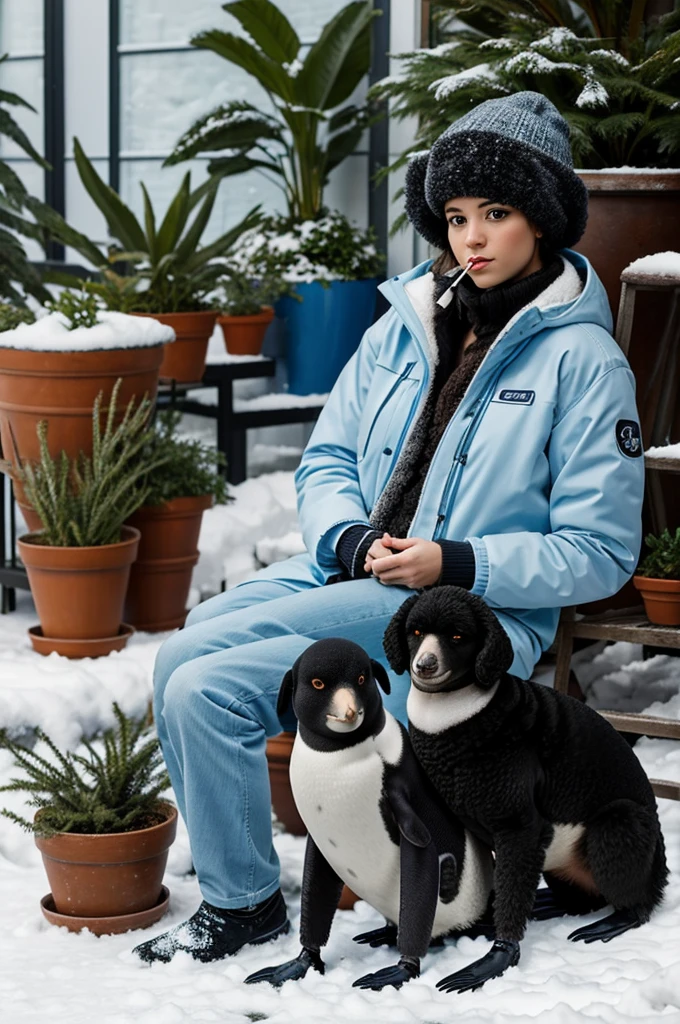 Create the image of a female penguin, wearing a light blue jacket and smoking a cigarette. That she is in a snowy landscape and surrounded by pots with indoor plants and a black poodle dog lying at her feet.