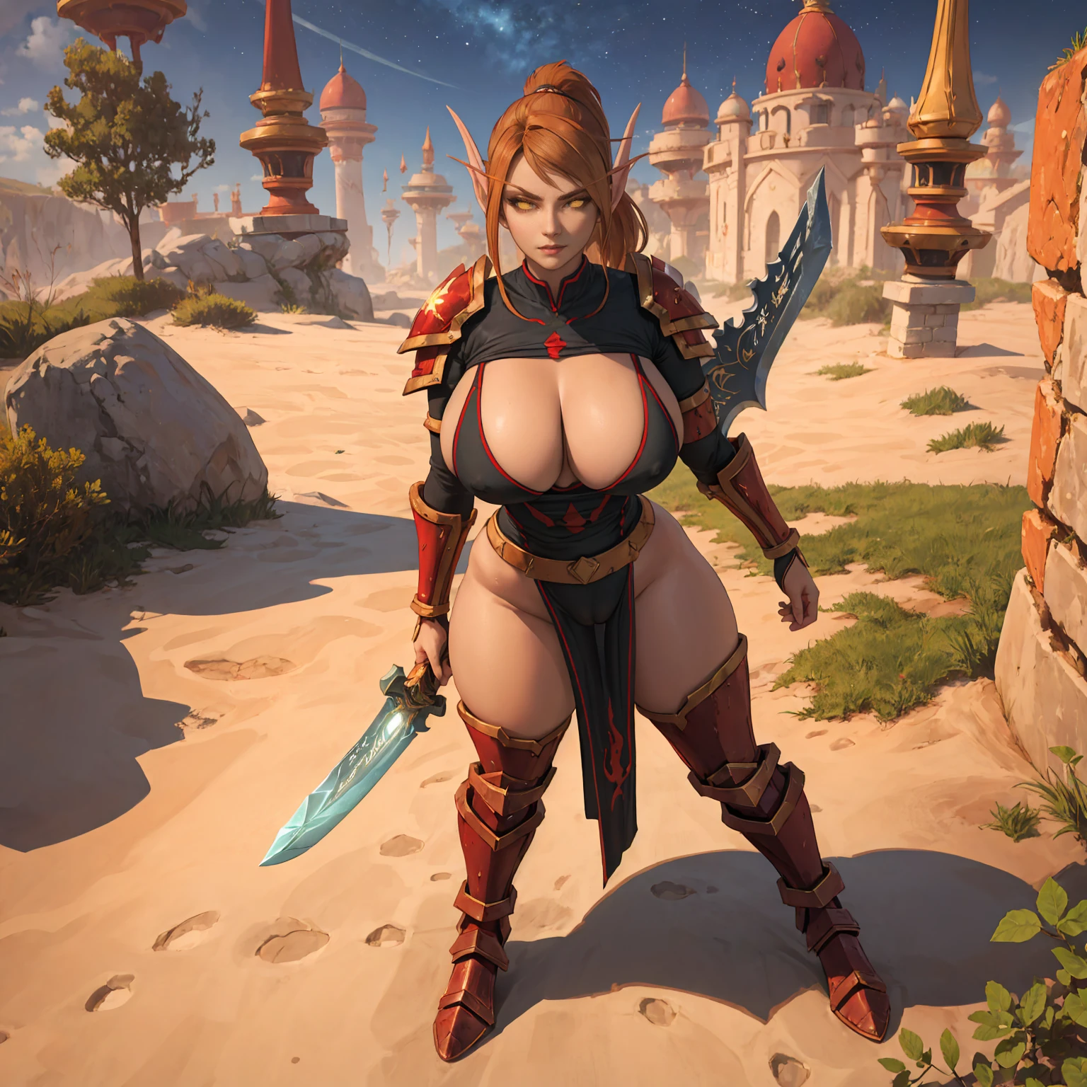 (high quality:1.1), cinematic lighting, extremely detailed, LadyLiadrin, elf, 1girl, solo, full body, running, dynamic pose, fighting stance, battle stance, (holding sword, holding shield:1.2), huge sword, looking at viewer, determined, long pointy ears, light brown hair, ponytail, eyebrows, yellow eyes, (colored sclera:1.1), glowing, jewelry, red armor, gold trim, pauldrons, gauntlets, black tabard, tabard print, pelvic curtain, greaves, armored boots, large breasts, curvy, orange ground, rocks, green sky, starry sky, undead, wasteland,cameltoe view, cameltoe, View from above, Diagonal view