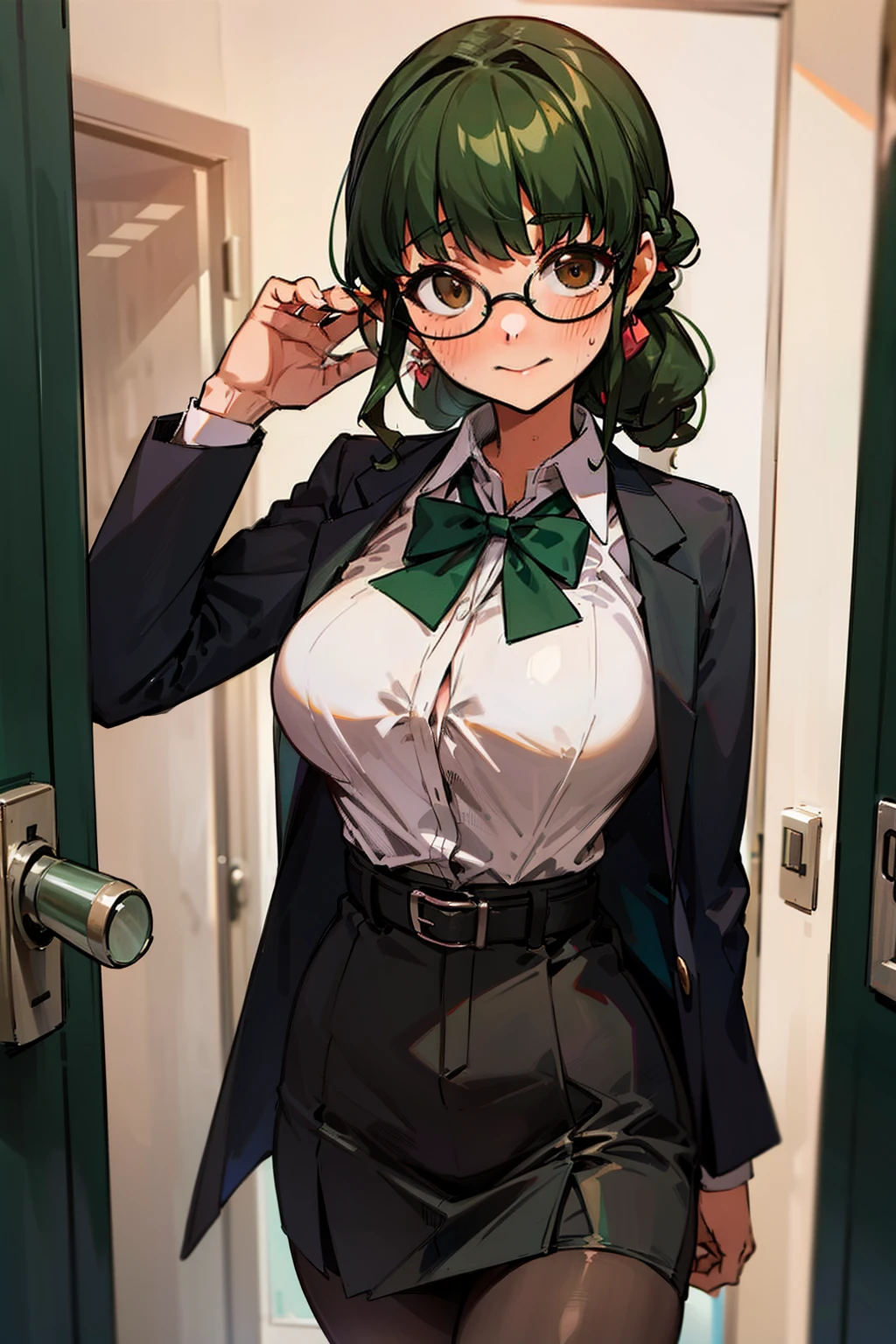 (Masterpiece), Best Quality, ultra-detailed, 1girl ( anosillus II, Slender and sexy body, Big and pretty breasts, dark green hair, long wave hair, brown eyes,  half-closed eyes, spectacles), a seductive face, smirk, solo, nose blush, blush, facing viewer, looking at viewer,  business suits  black jacket,  white blouse, bowtie, bows, black skirt, brown pantyhose, in the  office, night time, standing, Sexy waist teasing, closed door 