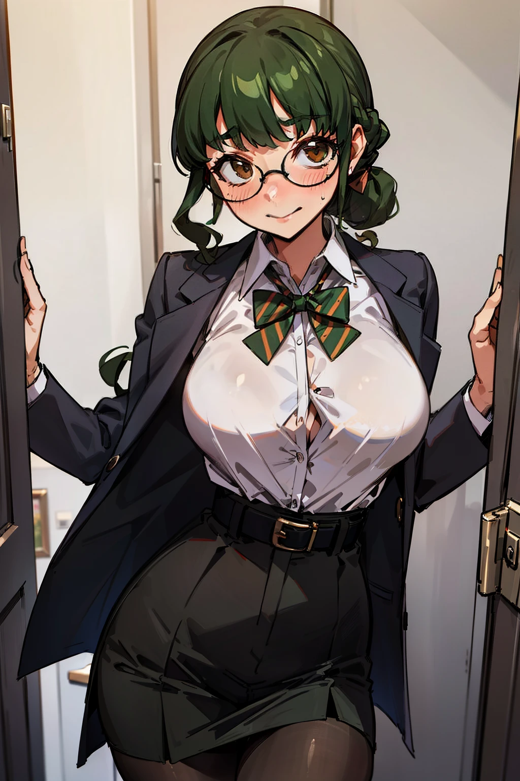 (Masterpiece), Best Quality, ultra-detailed, 1girl ( anosillus II, Slender and sexy body, Big and pretty breasts, dark green hair, long wave hair, brown eyes,  half-closed eyes, spectacles), a seductive face, smirk, solo, nose blush, blush, facing viewer, looking at viewer,  business suits  black jacket,  white blouse, bowtie, bows, black skirt, brown pantyhose, in the  office, night time, standing, Sexy waist teasing, closed door 