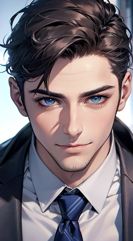 (Highest quality,4K,8K,High resolution,masterpiece:1.2),Super detailed,(Realistic,photoRealistic,photo-Realistic:1.37),1 person,31 years old,Mature Men,Beautiful skin、very handsome,Expressionless,smile,Short gray 4ed hair,blue eyes,Sharp Eyes,A perfect face without a doubt,Businessman,Office Background,Cinema Lighting,HDR image,tie、