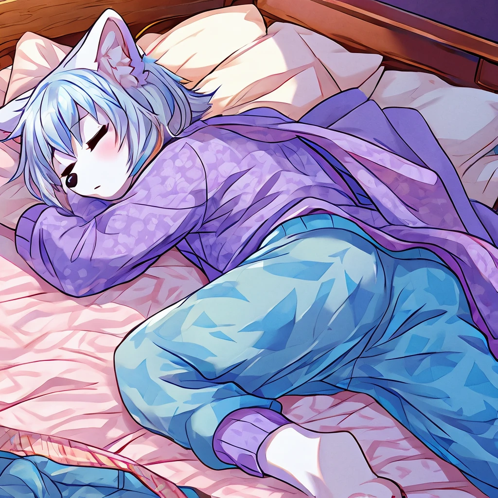 arctic fox in pajamas sleeping, 独奏, fluffly, mascle, bed-in