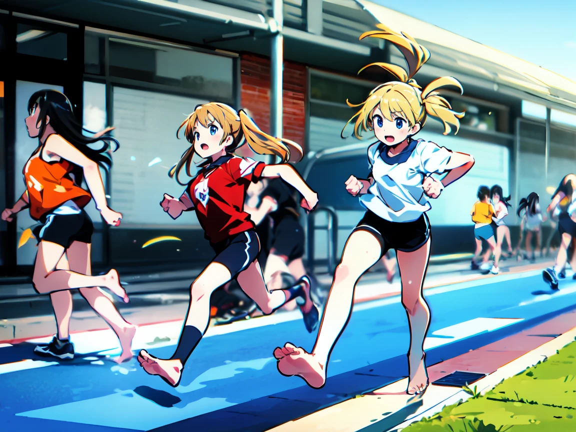 Highest quality,1990s anime style illustration,barefoot,Multiple Girls,Girls in gym clothes、Stand in line、Running in the schoolyard,All the girls are barefoot,The girls were sweating、I&#39;ll run for my life,White T-shirt and blue shorts,Several girls run side by side,Multiple Girlsたちを、Line up in a straight line、Let it run,running,The girls are out of breath、It&#39;s a tired look,