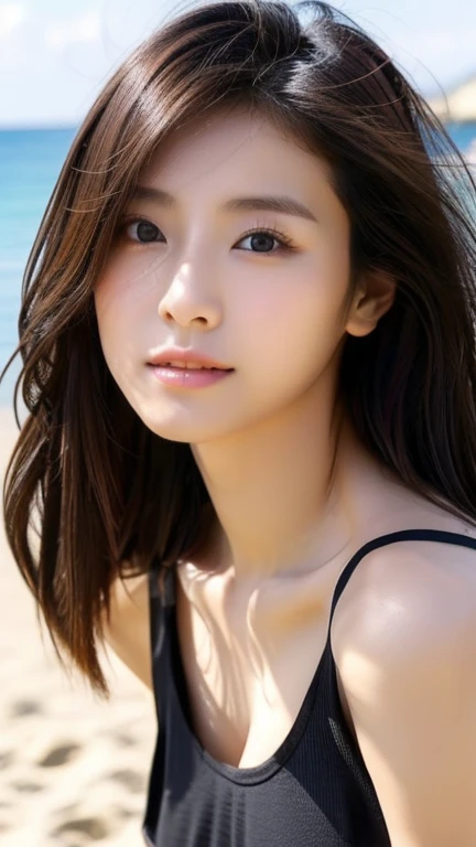 Highest quality、Japanese women、The most beautiful woman in the world、sexy、Brown Hair、Long Hair Style、Small face、Beautiful skin、Ocean、beach、Large breasts、Black tank top、Surprised