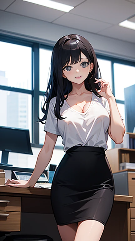 (8K、Best image quality、Highest quality、masterpiece)、Detailed face、 1 Girl、Attractive office lady,Mature Woman,28 years old,Black Hair、Long Hair、Diagonal bangs、A charming smile、Medium chest、(White T-shirt))、Cleavage、errect nipples,((Grey pencil skirt:1.2))、skirt lift,Thighs,Angle from below、office、