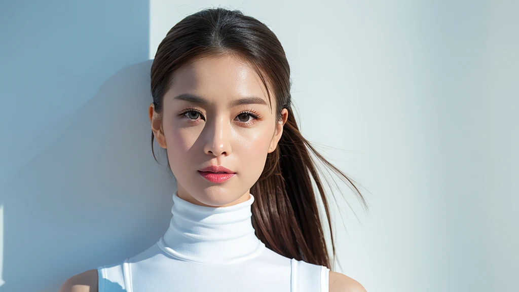 (top-quality)、A Japanese Lady､1girl in、A sexy:1.1、dark brown  hair:1.1、(poneyTail､a wet body:1.3)、The sheen、ratex､wet suit、hyperdetailed face、detailed lips、A detailed eye、Angle from below