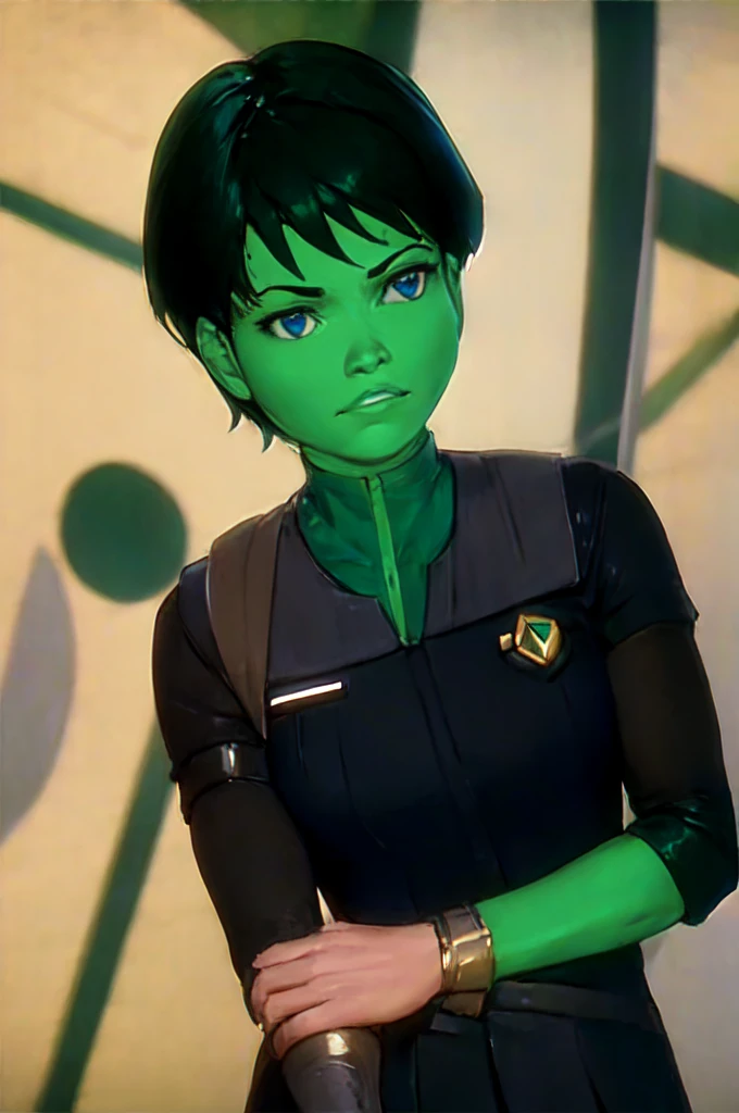 ultra detailed, masterpiece, best quality, solo, 
 D0tMatrix, green skin, dark green hair, black hair,  gallia_uniform, beret,